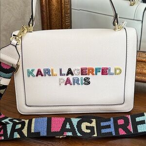 Karl Lagerfeld Off-White Handbag or crossbody bag. Lettering with rhinestones.